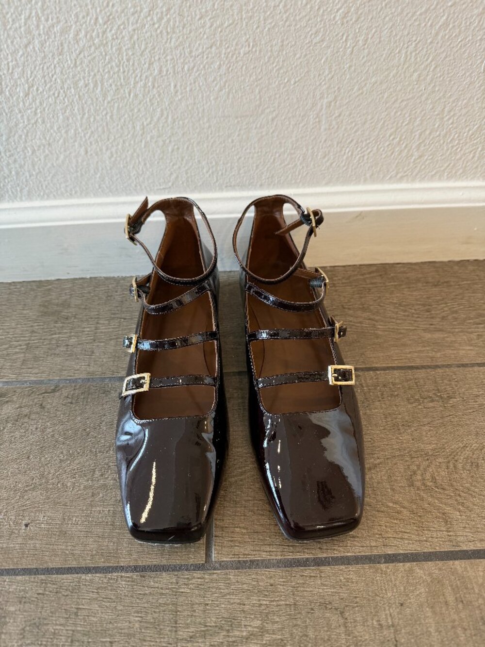 Alohas Triple Strap Mary Jane Patent Leather Flats Chocolate Brown EU 39